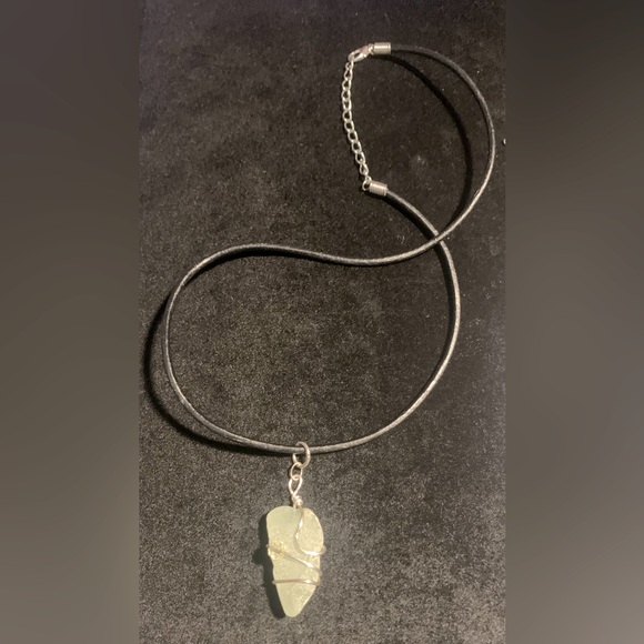 Sea foam Green Seaglass Pendant wrapped in wire with chain Cape Breton - Picture 1 of 5